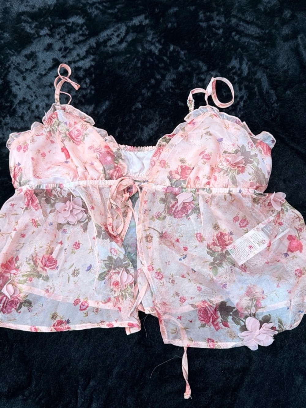 SHEIN Pink Floral Sheer Lace-Trim Babydoll Chemise